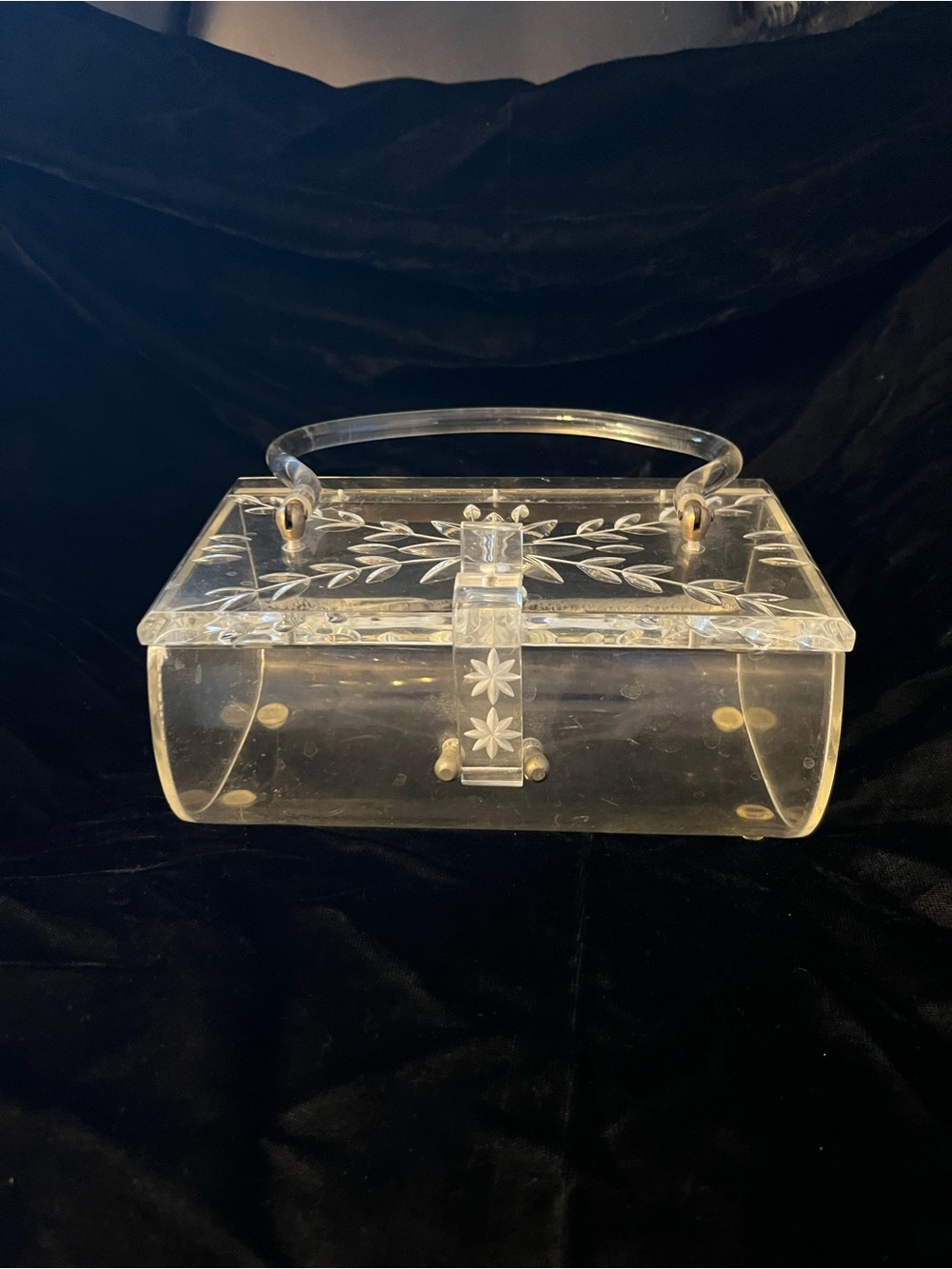 Clear Lucite Box Purse with Floral Etching - Transparent Women Bag